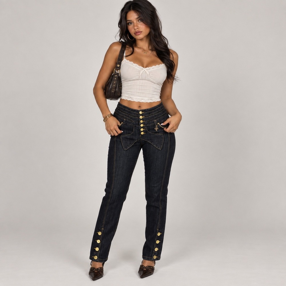 Apple Bottoms Vintage Y2K High Waist Skinny Jeans 18 Dark Wash Gold Buttons